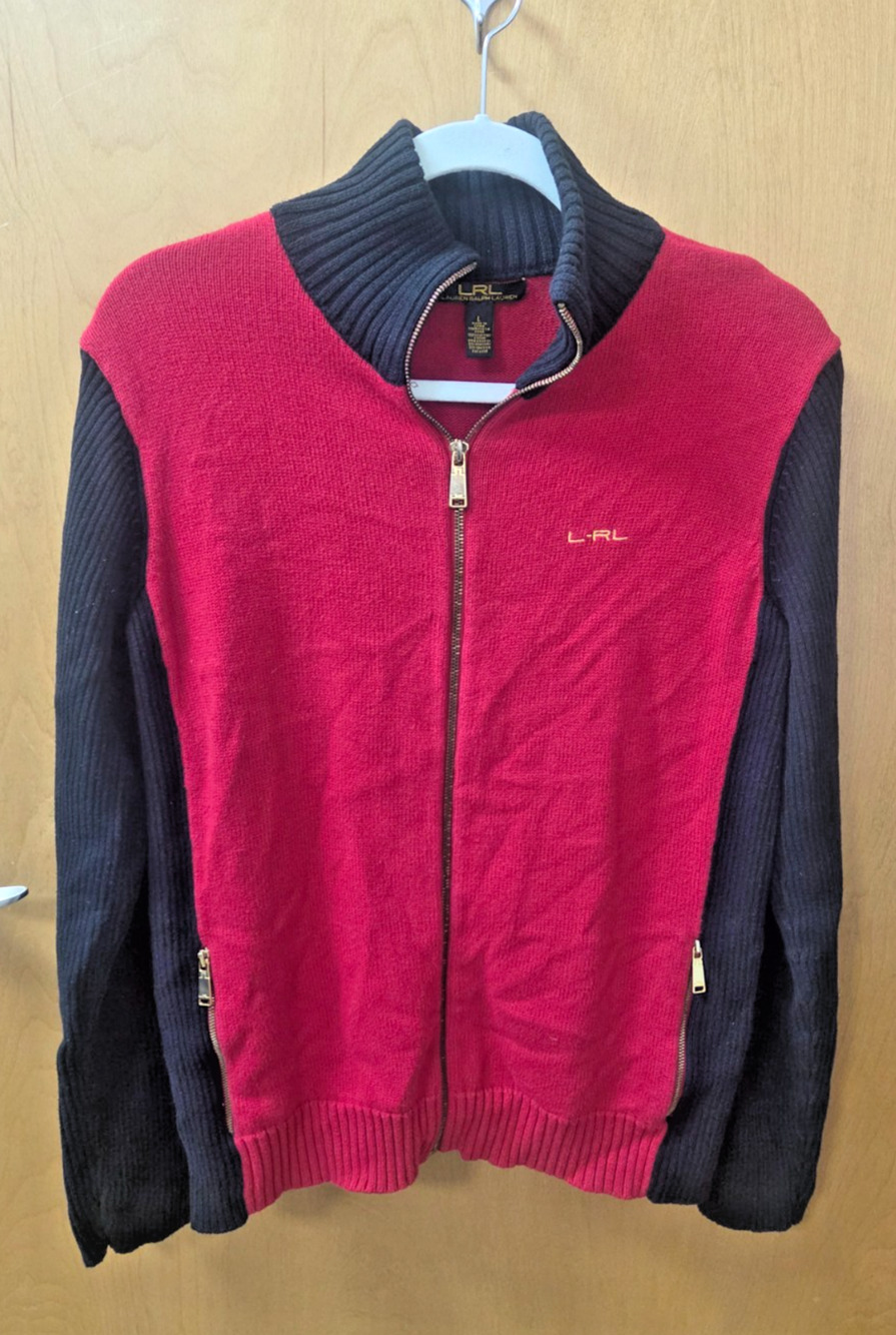 Lauren Ralph Lauren Equestrian Color-block Zip Cardigan Red Black Large LRL